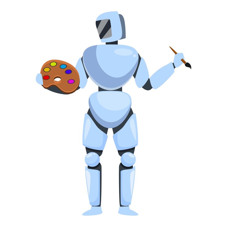 Vettore robot umanoide in piedi con pennello e palette