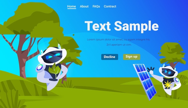 Robot vicino a pannelli solari che piantano alberi nel progetto di restauro del parco Limite di emissioni di CO2 idea credito di carbonio a emissioni zero nette