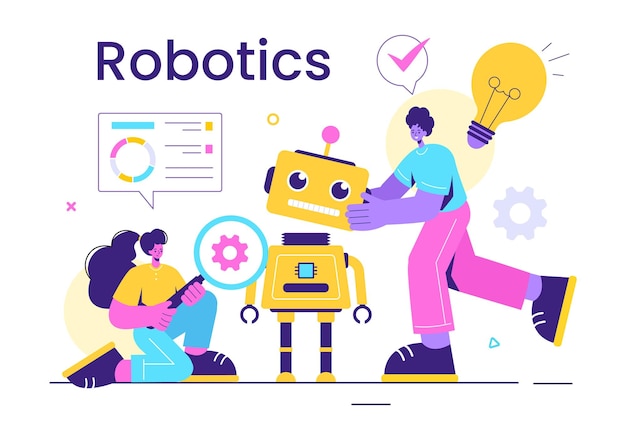 Robotica Illustrazione vettoriale dell'intelligenza artificiale Robot che comunicano con la tecnologia e l'ingegneria con una lampadina e ingranaggi
