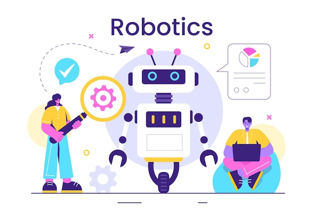 Robotica Illustrazione vettoriale dell'intelligenza artificiale Robot che comunicano con la tecnologia e l'ingegneria con una lampadina e ingranaggi