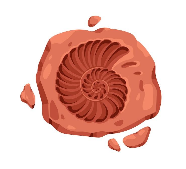 Vettore roccia fossile di ammonite con impronta spirale di conchiglia marina archeologia arte preistorica su pietra con impronta naturale fossilizzata di concheglia marina illustrazione vettoriale di cartoni animati piatti isolati su sfondo bianco