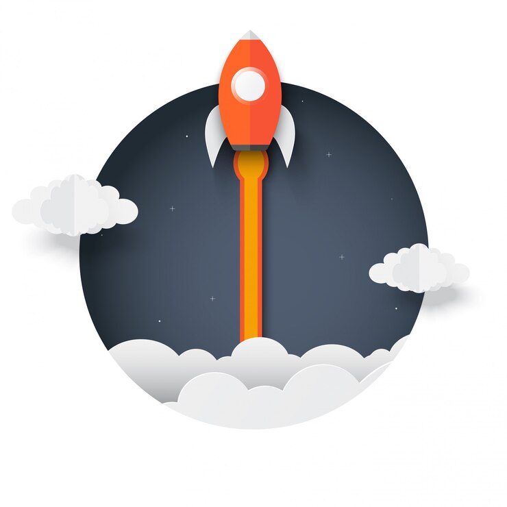 Vettore rocket fuori dagli schemi. lancio dello space shuttle verso il cielo espulso dal cerchio. concetto di business startup. creativo. icona razzo. illustrazione vettoriale arte della carta.