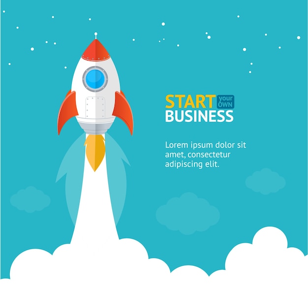 Rocket Ship Startup Concept Banner Flat Design Stile Simbolo di innovazione alla moda Illustrazione vettoriale dello Shuttle