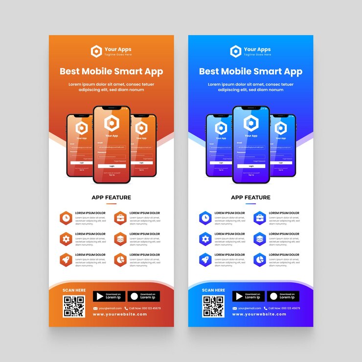 Vettore roll up banner promozione di applicazioni mobili