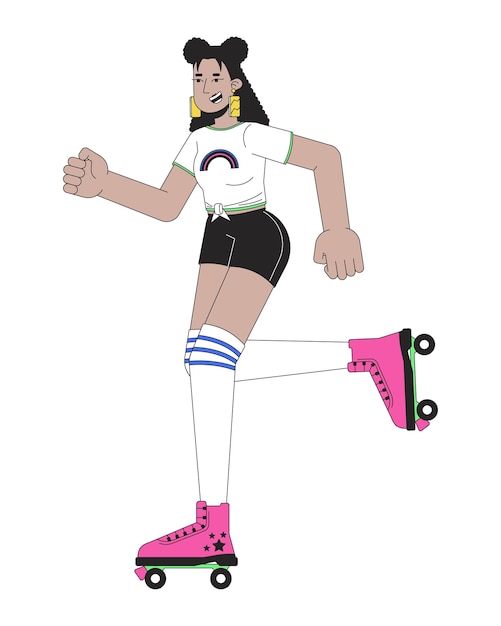 Roller disco girl line cartoon flat illustration 1980s rollerblading latina donna con calze alte fino al ginocchio 2D lineart personaggio isolato su sfondo bianco Nostalgia scena della moda immagine a colori vettoriale