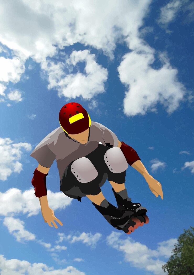 Vettore rollerblader che salta in alto mostrando abilità e atletismo contro un cielo blu vibrante con nuvole bianche soffici