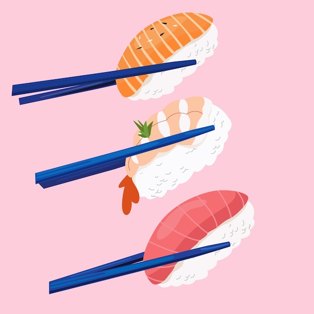 Rollo di sushi con salmone, tonno e gamberetti tigre Rollo e bastoncini tradizionali per la cucina asiatica