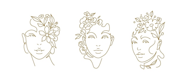 Romantico ritratto di donna floreale fiore botanico design linea continua arte logo set illustrazione vettoriale Elegante volto femminile estetico con boccioli di piante in fiore foglie icona coiffure cosmetici