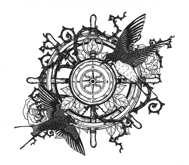 Vettore rondini con il tatuaggio di vettore del volante a mano disegno