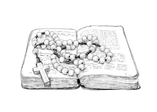 Rosario e il vecchio libro di preghiere Disegno a mano vintage tradizione cattolica