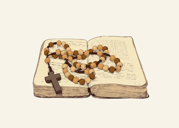 Rosario e il vecchio libro di preghiere Disegno vintage disegnato a mano Tradizione cattolica Disegno vettoriale a colori