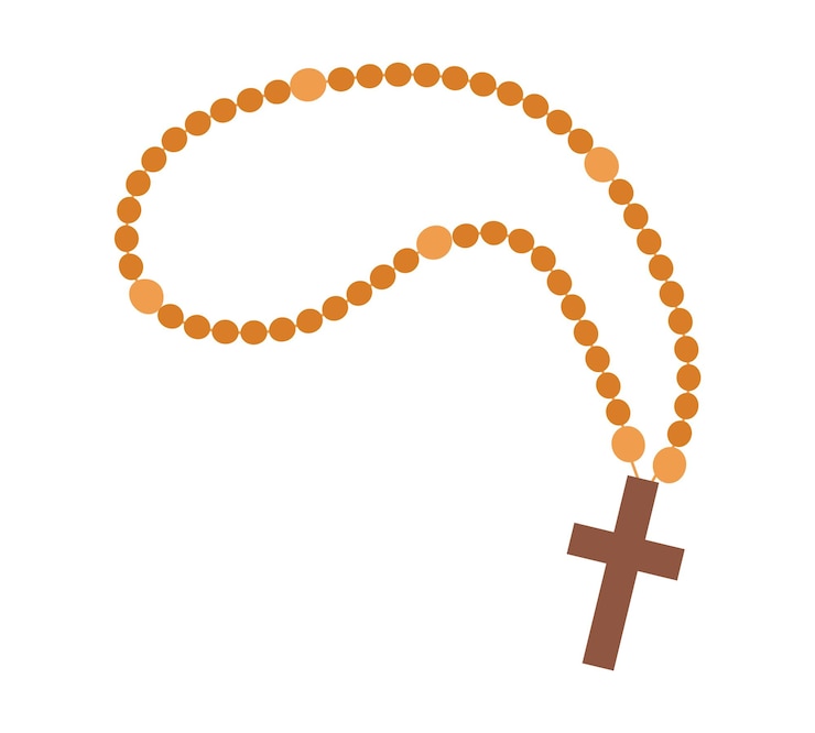 Vettore rosario vettoriale in stile cartone animato rosario per la preghiera e la riflessione sul dio dei cristiani attributo sacro per cattolici e ortodossi linea di legno con una croce su uno sfondo bianco