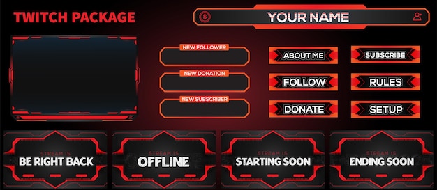 Rosso e nero Set di elementi di gioco in live streaming con sovrapposizione di facecam