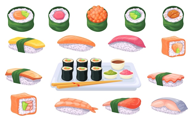Rotoli di sushi giapponesi di cartoni animati Sushis rotoli con riso salmone tonno pesce wasabi salsa cucina asiatica deliziosi frutti di mare maki sashimi ristorante menu pranzo set illustrazione ordinata