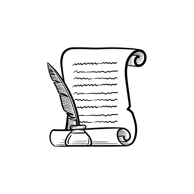 Vettore rotolo di carta manoscritto con penna piuma nell'icona di doodle di contorni disegnati a mano del calamaio. certificato d'onore scritto con un'illustrazione di schizzo vettoriale penna piuma per stampa, web, mobile e infografica.