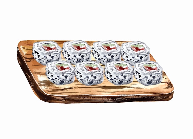 Rotolo di sushi illustrazione dell'acquerello cibo giapponese asiatico menu del pranzo