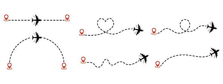 Vettore rotte dell'aereo rotta di volo dell'aereo con traccia della linea rotta dell'aereo tracciamento dell'aereo perni di posizione del viaggio degli aerei perno della mappa icona del percorso della linea dell'aereo illustrazione vettoriale