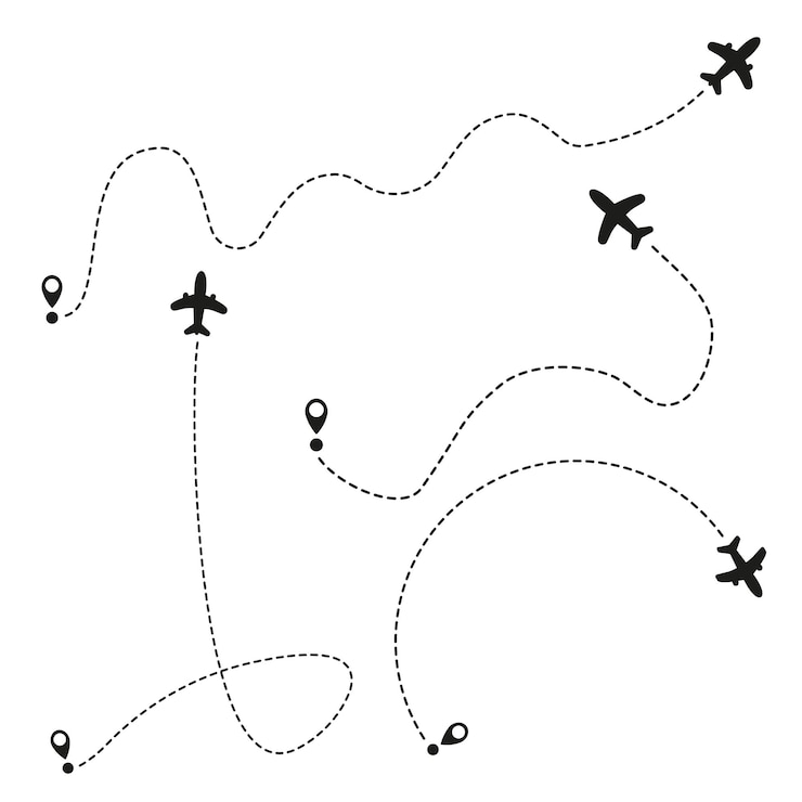 Vettore rotte dell'aeroplano su sfondo bianco concetto di viaggio romantico rotta di volo aereo del percorso della linea dell'aeroplano
