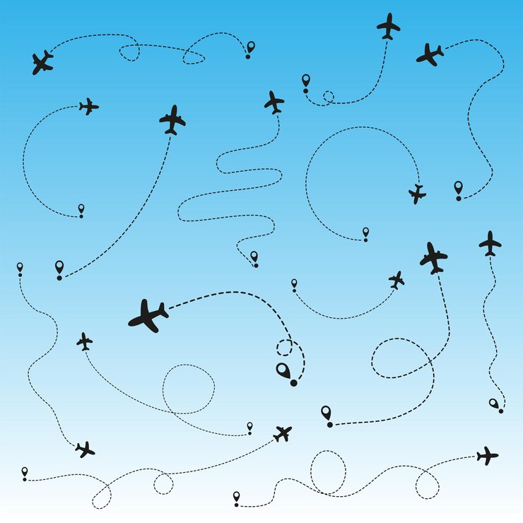 Vettore rotte dell'aeroplano su sfondo blu concetto di viaggio romantico icona vettore del percorso della linea dell'aeroplano