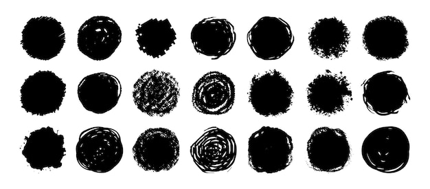 Round grunge scratch e textured ink brush strokes set isolato vector black Collection Dirty expressive hand drawn inky stains and blobs