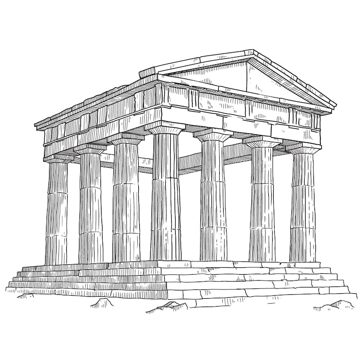 Vettore ruine di un antico tempio greco con colonne disegno lineare su uno sfondo beige