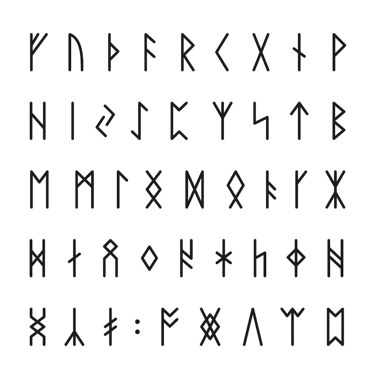 Vettore rune vichinghe alfabeto runico celtico norreno mitico segno medievale mistero gioco rune lettere antiche e simboli magici set vettoriale occulto scandinavo ordinato