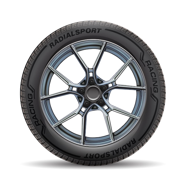 Ruota di auto in alluminio realistica con pneumatico in stile sport racing su sfondo bianco vettoriale