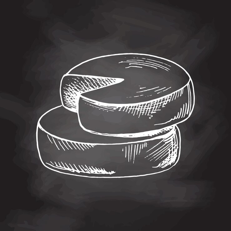 Vettore ruote di formaggio gouda schizzo di inchiostro isolato, lavagna vettoriale illustrazione vintage in bianco e nero