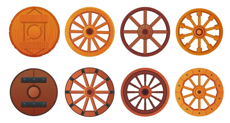 Vettore ruote in legno ruota in legno dei cartoni animati di carri antichi o carriole rustiche ruota di carro vintage con mozzo carrello agricolo furgone carrozza vintage isolato ingegnoso illustrazione vettoriale di antiche vecchie ruote