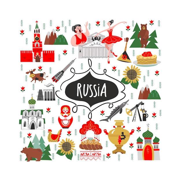 Russia Set di elementi vettoriali Attrazioni russe tradizioni cultura arte simboli della Russia
