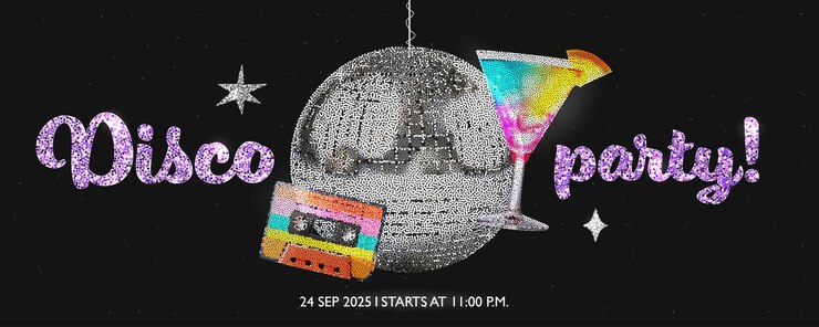 S banner per feste in discoteca in stile collage con elementi effetto punto e scritte con glitter