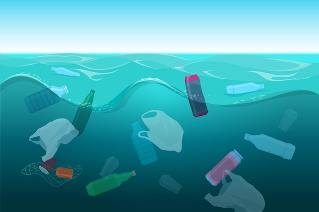 Sacchetti di bottiglie di plastica e altri detriti galleggiano sott'acqua nell'oceano Illustrazione vettoriale