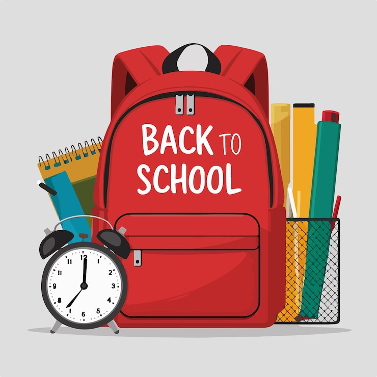Vettore sack di design vettoriale back to school con sveglia e attrezzature scolastiche