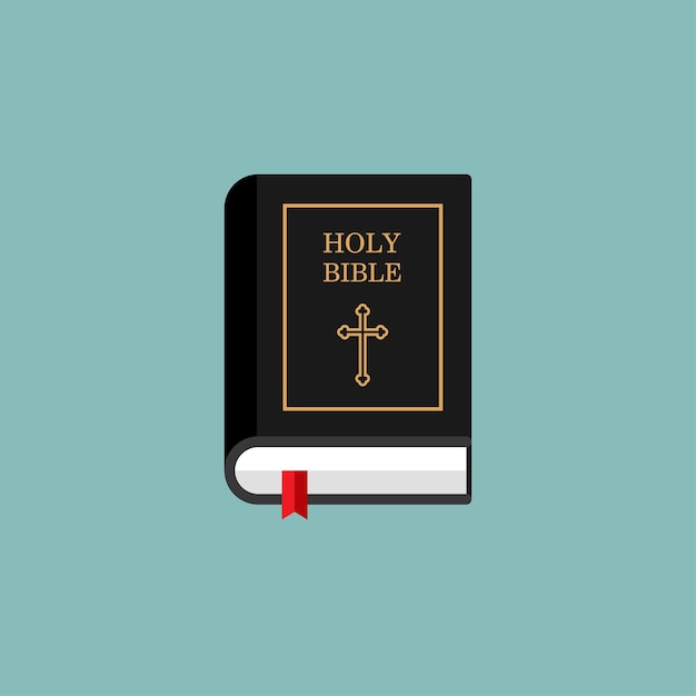 Sacra Bibbia in copertina rigida nera. Icona del libro con segnalibro. Modello di libro di religione isolato. Vettore.