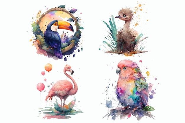 Safari Animal set Flamingo pappagallo tucano struzzo in stile acquerello illustrazione vettoriale isolata