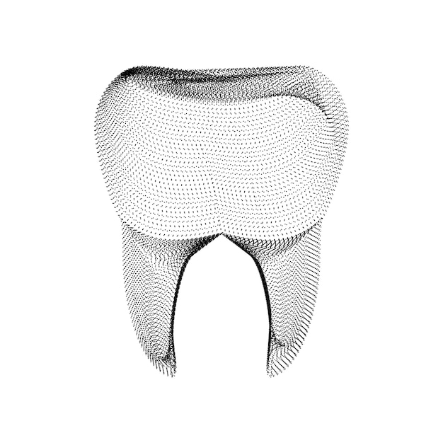 Sagoma del dente composta da punti neri e particelle. Wireframe vettoriale 3D di un'ammaccatura molare con una trama a grana. Icona dentale geometrica astratta con struttura punteggiata isolata su uno sfondo bianco