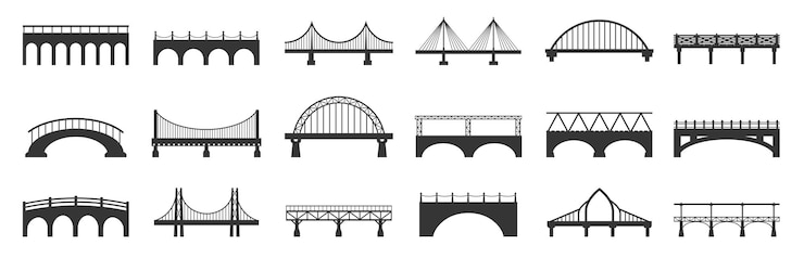 Vettore sagoma del ponte costruzioni astratte di passerelle con travi metalliche in pietra architettura urbana industriale costruzione di icone nere insieme isolato del vettore