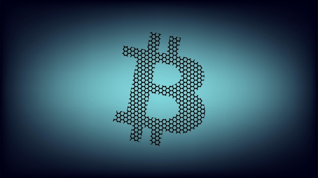 Sagoma del segno Bitcoin BTC dalla maglia bucata al centro della luce su sfondo blu scuro Simbolo BTC dell'oro e del denaro digitali moderni