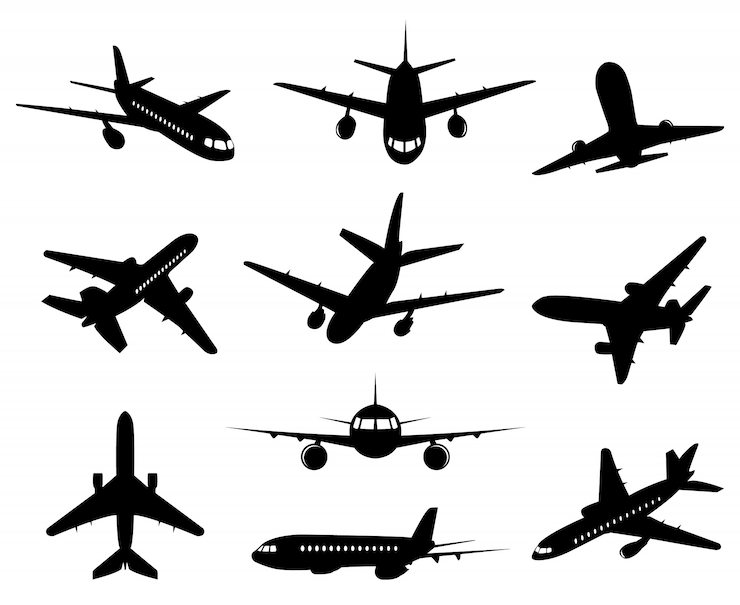 Vettore sagoma di aeroplano. aereo passeggeri, vista posteriore anteriore e inferiore, set di icone di illustrazione di sagome di aerei jet. monocromatico jet, aereo e aereo, volo passeggeri commerciale