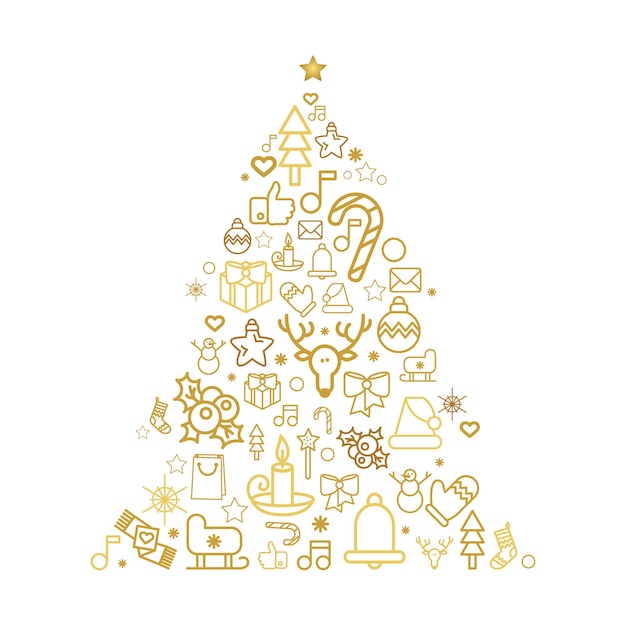Sagoma di albero di Natale con icone lineare di vacanza. Biglietto di auguri abete con decorazioni festive