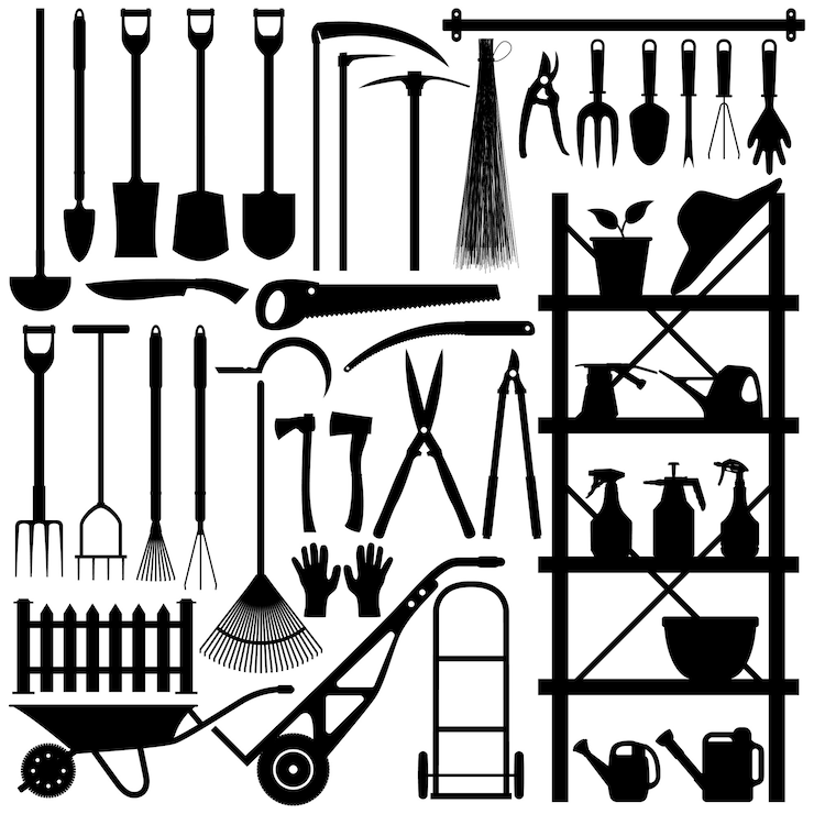 Vettore sagoma di attrezzi da giardinaggio. un ampio set di attrezzi da giardinaggio e attrezzature in silhouette.