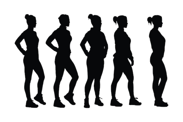 Sagoma di donna muscolare su sfondo bianco Sportivo femminile in posa per giocare Fascio di silhouette in piedi di donne muscolose Ginnaste femminili con facce anonime Collezione di silhouette bodybuilder