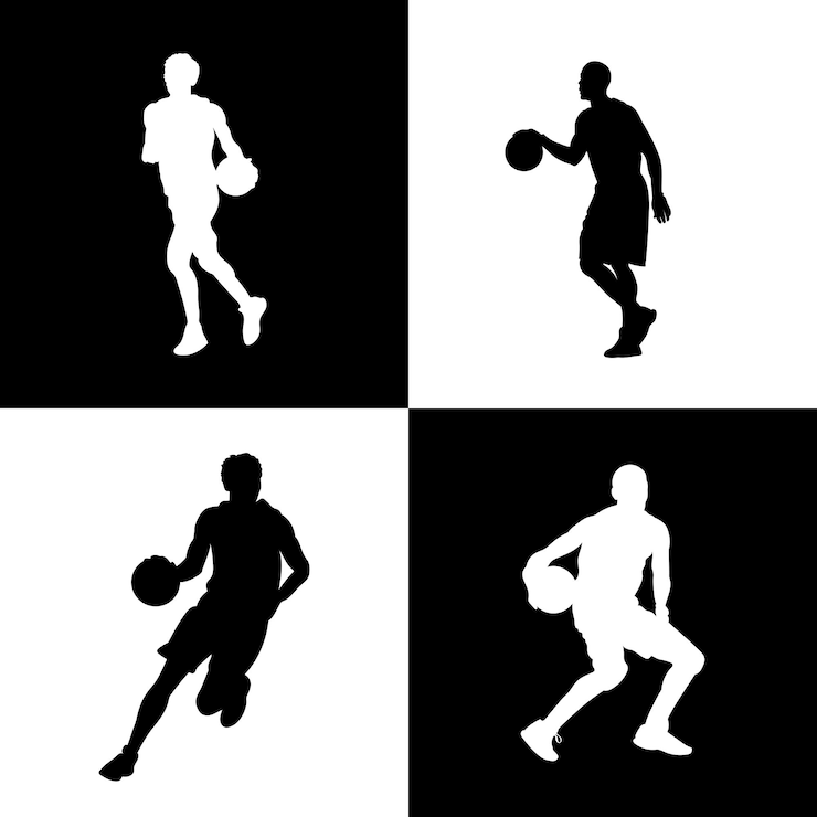 Vettore sagoma di giocatore di basket con palla dribbling