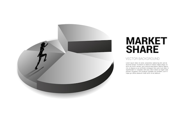 Sagoma di uomo d'affari in esecuzione in cima al grafico a torta. Concetto di crescita aziendale, successo nel percorso di carriera.