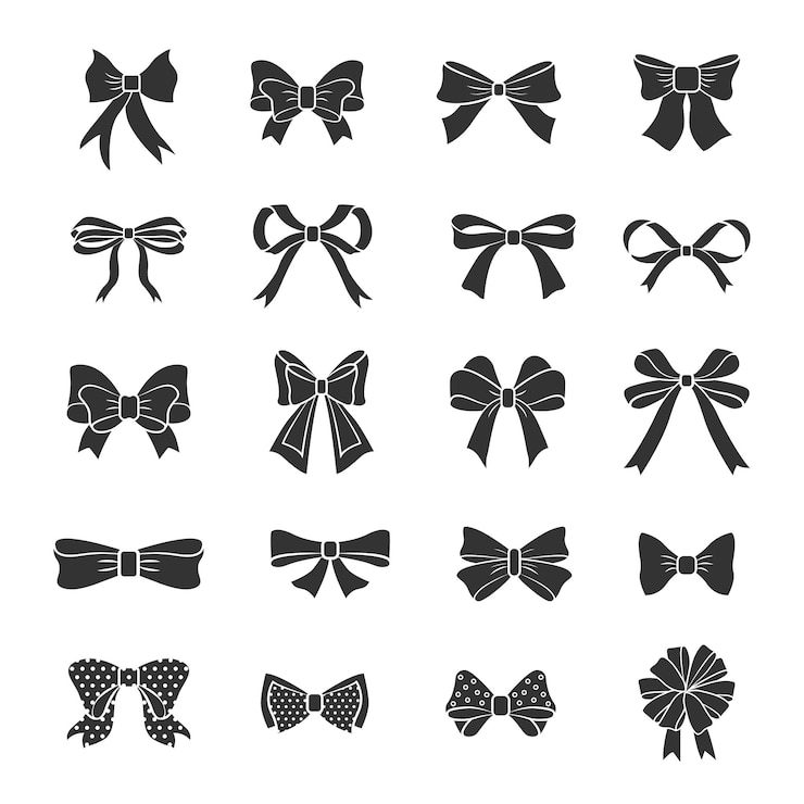 Vettore sagome di archi forme grafiche di fiocco di nastro nero vettoriale elegante moda festa cravatta isolata illustrazione della silhouette di fiocco di nastro nero
