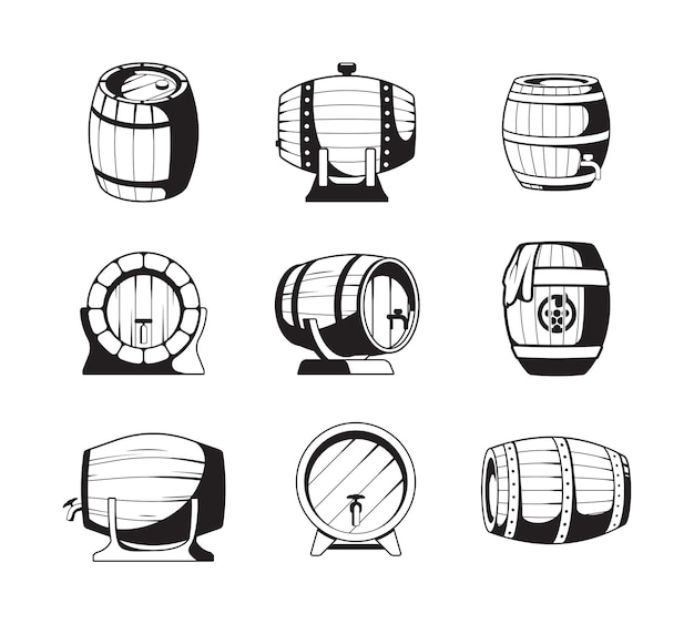 Sagome di barili. Simboli di botti di legno per la raccolta di emblemi di vettore di modelli di progettazione di logo di affari di vino o birra. Sagoma di barile con alcool, illustrazione di botte di legno