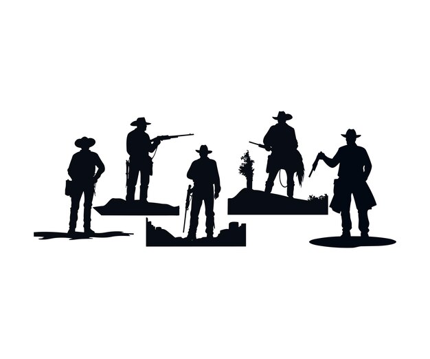sagome di cowboy con pistole e cavalli disegno di illustrazione vettoriale