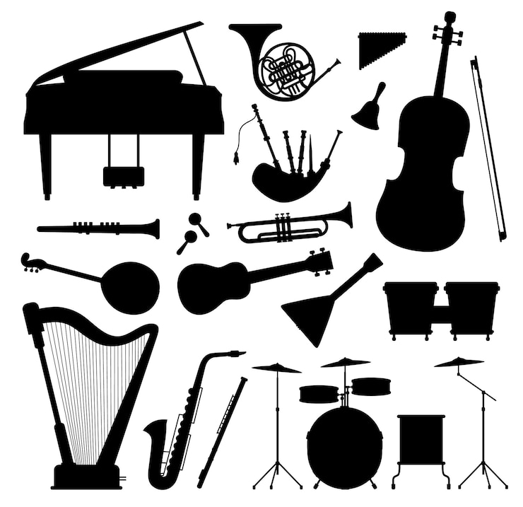 Vettore sagome di orchestra di musica classica, jazz e strumenti folk. pianoforte, chitarra, corno, violoncello e sassofono. insieme di vettore dell'icona nera musicale