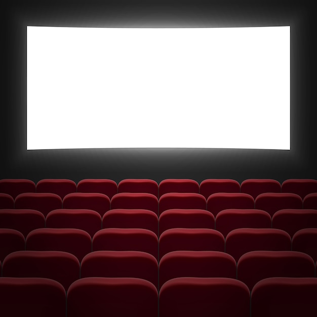 Sala cinema cinema con schermo bianco e sedie rosse a schiera