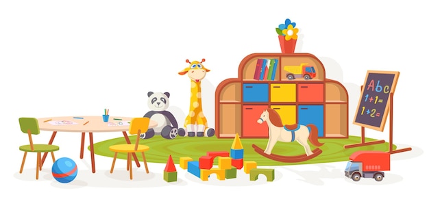 Sala giochi. Mobili per aule dell'asilo con giocattoli, moquette, tavolo e lavagna. Cartoon bambini in età prescolare interni illustrazione vettoriale. Sala giochi con cubi, cavalli, giraffe